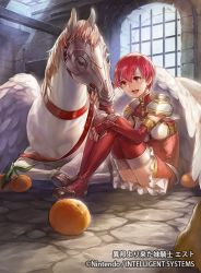 Rule 34 | 1girl, armor, boots, breastplate, company name, copyright name, dress, elbow gloves, est (fire emblem), fire emblem, fire emblem: mystery of the emblem, fire emblem cipher, fire emblem echoes: shadows of valentia, food, fruit, gloves, headband, horse, indoors, matching hair/eyes, miniskirt, nintendo, official art, open mouth, orange (fruit), pegasus, pegasus knight uniform (fire emblem), pink eyes, pink hair, short hair, shoulder armor, sitting, skirt, smile, solo, thigh boots, thighhighs, uroko (mnr), white skirt, window, wings, zettai ryouiki