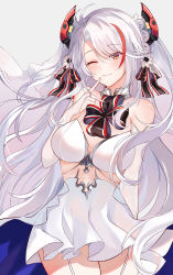 Rule 34 | 1girl, absurdres, azur lane, bare shoulders, blush, breasts, commentary request, cowboy shot, detached collar, elbow gloves, eyes visible through hair, fingerless gloves, gloves, highres, large breasts, long hair, looking at viewer, muki (muki kunxd), one eye closed, prinz eugen (azur lane), prinz eugen (symphonic fate) (azur lane), ribbon, solo, white hair