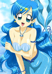 Rule 34 | 00s, 1girl, :d, ankoku tiger, armlet, beads, blue eyes, blue hair, bracelet, breast hold, breasts, cleavage, day, earrings, hair ornament, highres, houshou hanon, jewelry, large breasts, long hair, matching hair/eyes, mermaid, mermaid melody pichi pichi pitch, monster girl, necklace, official style, open mouth, seashell, shell, shell bikini, sky, smile, solo, star (symbol), star hair ornament, water, wavy hair, wet