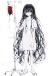 Rule 34 | 1girl, black hair, blood, blood bag, blue eyes, check copyright, copyright request, expressionless, full body, highres, hospital gown, intravenous drip, iv stand, long hair, looking at viewer, original, pale skin, sandals, simple background, sketch, solo, very long hair, white background, yuyuyuyhz