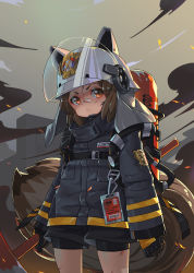 Rule 34 | 1girl, arknights, axe, bandaid, bandaid on face, bandaid on nose, bike shorts, black gloves, brown hair, firefighter, gloves, headgear, helmet, highres, looking at viewer, name tag, red eyes, shaw (arknights), short hair, shorts, sima naoteng, tail