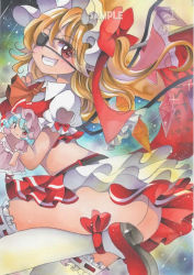 Rule 34 | 1girl, ass, blonde hair, bow, breasts, character doll, commentary request, convenient leg, crop top, crystal, eyepatch, flandre scarlet, foot out of frame, grin, hat, long hair, maccha xxxxxx, marker (medium), medium breasts, midriff, mob cap, one side up, orange neckwear, puffy short sleeves, puffy sleeves, red bow, red skirt, red vest, remilia scarlet, sample watermark, short sleeves, skirt, smile, solo, star (sky), thighhighs, touhou, traditional media, upskirt, vest, watermark, white thighhighs, wings