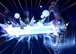 Rule 34 | 1girl, alternate weapon, blue hair, bow, cirno, detached sleeves, electricity, electrokinesis, energy sword, closed eyes, hair bow, huge weapon, long hair, scarf, solo, sword, touhou, weapon, yurume atsushi