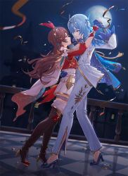 Rule 34 | 2girls, alternate costume, amber (genshin impact), blue footwear, blue gloves, blue hair, boots, brown hair, cape, circlet, closed mouth, dancing, earrings, eula (genshin impact), formal, genshin impact, gloves, hair ribbon, high heels, highres, holding hands, jacket, jewelry, ladywaltz, long hair, looking at another, moon, multiple girls, night, night sky, pants, red jacket, ribbon, shorts, sky, thigh boots, thighhighs, white shorts, yellow eyes, yuri
