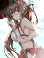 Rule 34 | 1girl, aga marino, bikini, breasts, brown eyes, brown hair, cherry blossoms, commentary request, cowboy shot, female focus, headgear, kantai collection, large breasts, long hair, looking at viewer, matching hair/eyes, oil-paper umbrella, ponytail, red sarong, red umbrella, sarong, smile, solo, swimsuit, umbrella, white bikini, yamato (kancolle)