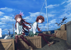 Rule 34 | 2girls, absurdres, bird, box, brown eyes, brown hair, chamu (chammkue), cloud, crescent, crescent pin, day, gradient hair, green skirt, hair ornament, highres, kantai collection, kisaragi (kancolle), loafers, long hair, multicolored hair, multiple girls, mutsuki (kancolle), neckerchief, ocean, on box, outdoors, pantyhose, pleated skirt, red eyes, red hair, school uniform, seagull, serafuku, shoes, shore, short hair, sitting, sitting on box, skirt, sky, thighhighs