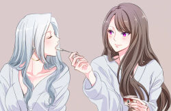 2girls absurdres blush brown_background brown_hair closed_eyes closed_mouth collarbone commentary_request earrings feeding food hazuki_ruri highres holding holding_food holding_ice_cream holding_spoon hoop_earrings ice_cream japanese_clothes jewelry kimono long_hair long_sleeves looking_at_another mixed-language_commentary multiple_girls original purple_eyes simple_background smile spoon upper_body white_hair white_kimono yuri