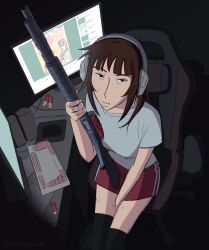 Rule 34 | 1girl, absurdres, bandaid, bandaid on hand, bandaid on leg, benelli m4, between legs, black eyes, black thighhighs, breasts, brown hair, chair, commentary, english commentary, freckles, from above, gaming chair, grey shirt, gun, hand between legs, headphones, highres, hitsuji (hitsujigoods), holding, holding gun, holding weapon, instrument, kara eklund, keyboard (instrument), looking at viewer, medium hair, monitor, mousepad (object), original, shirt, shotgun, shotgun shell, sitting, small breasts, solo, swivel chair, thighhighs, weapon