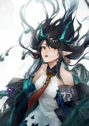 Rule 34 | 1girl, arknights, backlighting, beads, black jacket, blue horns, blue skin, blurry, blurry background, bracelet, collar, colored skin, commentary request, dragon girl, dragon horns, dress, dusk (arknights), e-bushi, earrings, floating hair, highres, horns, ink, jacket, jewelry, long sleeves, looking at viewer, looking up, necktie, off-shoulder dress, off shoulder, open mouth, pointy ears, prayer beads, red eyes, red necktie, simple background, sleeveless, sleeveless dress, solo, teeth, torn clothes, torn dress, white background, white dress