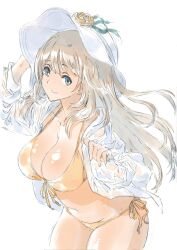 Rule 34 | 1girl, bikini, blue archive, blue eyes, breasts, cleavage, commentary, flower, hat, hat flower, highres, jacket, large breasts, light brown hair, long hair, long sleeves, looking at viewer, looking back, nonomi (blue archive), nonomi (swimsuit) (blue archive), open clothes, open jacket, orange bikini, see-through, see-through jacket, side-tie bikini bottom, simple background, solo, sun hat, suzumaru, swimsuit, white background, white hat, white jacket