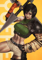 Rule 34 | 1girl, absurdres, black hair, crop top, cropped sweater, final fantasy, final fantasy vii, final fantasy vii rebirth, final fantasy vii remake, forehead protector, gloves, green sweater, hand on own hip, headband, highres, holding, holding shuriken, holding weapon, materia, monori rogue, orange gloves, over shoulder, shuriken, single sleeve, sleeveless, sleeveless turtleneck, smile, solo, sweater, toned, turtleneck, weapon, weapon over shoulder, yuffie kisaragi