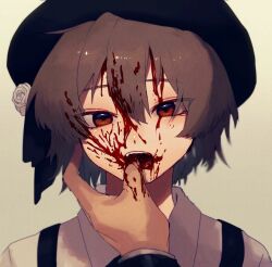 Rule 34 | 1boy, 1girl, beam107, beret, black headwear, black ribbon, black suit, blood, blood in mouth, blood on face, blood on hands, blood splatter, brown eyes, brown hair, collared shirt, commentary request, expressionless, fangs, finger in another&#039;s mouth, flower, formal, grey background, hair flower, hair ornament, hair ribbon, hat, hatoba tsugu, head tilt, long sleeves, looking at viewer, mole, mole under eye, open mouth, portrait, pov, pov hands, ribbon, rose, shirt, short hair, simple background, straight-on, suit, tsugu (vtuber), virtual youtuber, white flower, white rose, white shirt