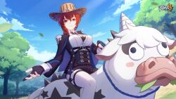 Rule 34 | 1girl, animal, black gloves, black shorts, blue sky, breasts, chinese clothes, cloud, cloudy sky, cow, cowboy hat, day, gloves, hair between eyes, hat, highres, honkai (series), honkai impact 3rd, large breasts, logo, looking at viewer, meme, murata himeko, murata himeko (arctic kriegsmesser), official art, official wallpaper, on animal, outdoors, pants, partially fingerless gloves, red hair, riding, shorts, sky, smile, straddling, teri derp (meme), tree, white pants, yellow eyes