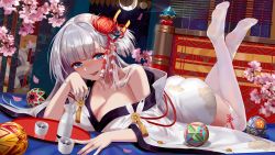 Rule 34 | 1girl, :d, alcohol, azur lane, ball, bed, bed frame, bed sheet, window blinds, blunt bangs, blush, breasts, choko (cup), cleavage, collarbone, crescent moon, cup, d. (ddot2018), drunk, eyeshadow, flower, foreshortening, hair flower, hair ornament, highres, indoors, japanese clothes, kimono, large breasts, legs up, long hair, looking at viewer, lying, makeup, md5 mismatch, moon, night, night sky, no shoes, nose blush, off shoulder, on bed, on stomach, open mouth, petals, pink flower, resolution mismatch, ribbon-trimmed legwear, ribbon trim, sake, shoukaku (azur lane), silver hair, single bare shoulder, sky, smile, solo, sweat, tassel, temari ball, thighhighs, tokkuri, tray, white kimono, white thighhighs, wind chime, window, zettai ryouiki