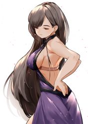 Rule 34 | 1girl, backless dress, backless outfit, bra strap, breasts, closed eyes, dress, earrings, eyebrows, eyes visible through hair, final fantasy, final fantasy vii, final fantasy vii remake, hands on own hips, highres, jewelry, large breasts, long hair, majocc (dusty051), purple dress, sideboob, solo, sparkle, tifa lockhart, tifa lockhart (refined dress), wall market