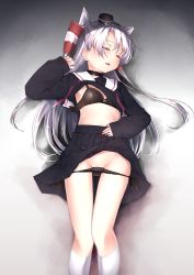 Rule 34 | 1girl, absurdres, alternate costume, amatsukaze (kancolle), black bra, black choker, black panties, black serafuku, black skirt, blush, bow, bow bra, bra, choker, closed eyes, clothes lift, commentary request, facing viewer, groin, hair tubes, hand up, highres, kantai collection, kneehighs, long hair, long sleeves, lying, on back, panties, panty pull, parted lips, pleated skirt, sailor collar, school uniform, serafuku, side-tie panties, silver hair, skirt, skirt lift, sleeves past wrists, smokestack hair ornament, socks, solo, two side up, underwear, very long hair, white sailor collar, white socks, zetsuriinu (kairyougata)