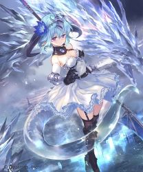Rule 34 | 1girl, armored boots, blue hair, boots, breasts, company name, copyright notice, detached collar, dragon horns, dragon tail, dress, flower, garter straps, hair flower, hair ornament, headpiece, holding, holding weapon, horns, knee boots, looking at viewer, official art, pointy ears, ponzu (catponz), purple eyes, shadowverse, short hair, small breasts, solo, standing, tail, thighhighs, weapon, whitefrost dragonewt filene