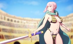 Rule 34 | 1girl, armor, artist request, bare shoulders, bikini armor, blue sky, braid, breasts, cleavage, colosseum, dressrosa, highres, holding, holding sword, holding weapon, large breasts, lips, long hair, looking at viewer, looking to the side, one piece, pelvic curtain, pink hair, rebecca (one piece), revealing clothes, shiny skin, single braid, sky, solo, stadium, sword, weapon, wide hips