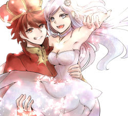 Rule 34 | 10s, 1boy, 1girl, aila jyrkiainen, armpits, artist request, breasts, cleavage, crown, dress, good end, gundam, gundam build fighters, jewelry, long hair, necklace, petals, red eyes, red hair, reiji (gundam bf), short hair, grey eyes, silver hair, smile, source request, strapless, strapless dress