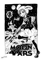 Rule 34 | 1girl, american flag, animal ears, astronaut, bayonet, blazer, brand name imitation, clenched teeth, crater, death, dress shirt, earth (planet), english text, formal, greyscale, gun, helmet, heran hei mao, highres, jacket, loafers, monochrome, moon, moon (ornament), necktie, on moon, planet, rabbit ears, reisen, rifle, running, serious, shirt, shoes, short hair, skirt, skull and crossbones, sky, space, star (sky), star (symbol), star wars, starry sky, suit, sweatdrop, teeth, touhou, v-shaped eyebrows, weapon