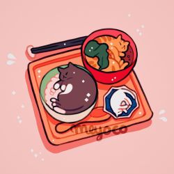 Rule 34 | animal focus, artist name, bad id, bad instagram id, black cat, bowl, cat, chopsticks, colored extremities, food, food focus, lying, meyoco, no humans, on side, orange cat, original, pink background, rice, simple background, sleeping, sparkle, spoon, tray, white cat