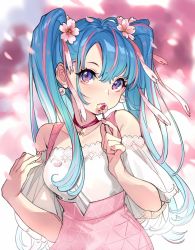 Rule 34 | 1girl, bare shoulders, blue hair, blurry, blurry background, blush, candy, choker, collarbone, depth of field, earrings, eating, fingernails, flower, food, hair flower, hair ornament, hatsune miku, high-waist skirt, highres, holding, holding food, jewelry, lollipop, long fingernails, long hair, looking at viewer, multicolored hair, nail polish, off-shoulder shirt, off shoulder, petals, pink flower, pink hair, pink nails, pink skirt, purple choker, purple eyes, shirt, skirt, solo, suspender skirt, suspenders, twintails, two-tone hair, upper body, vocaloid, white shirt, yuu (higashi no penguin)