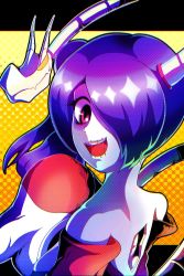 Rule 34 | blue hair, blue skin, collaboration, colored skin, from behind, highres, kumanoyataro, leviathan (skullgirls), looking back, open mouth, side ponytail, skullgirls, smile, squigly (skullgirls), stitched mouth, stitches, striped, striped sleeves, udontamago01, yellow background
