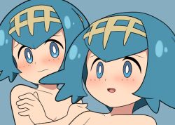 Rule 34 | 1girl, blue eyes, blue hair, clone, covering breasts, covering privates, creatures (company), crossed arms, game freak, lana (pokemon), nintendo, nude, pokemon, pokemon sm, yume yoroi