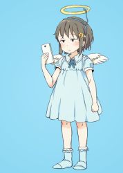 Rule 34 | 1girl, angel wings, ano ko wa toshi densetsu, blue background, blue dress, blue footwear, blue hairband, blush, brown eyes, brown hair, cellphone, closed mouth, commentary request, dress, fake halo, feathered wings, gomennasai, hairband, half-closed eyes, halo, holding, holding phone, phone, puffy short sleeves, puffy sleeves, short sleeves, simple background, socks, solo, standing, white wings, wings, zangyaku-san