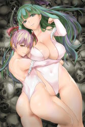 Rule 34 | 2girls, adapted costume, alternate color, ass, bakkanki, bare legs, breasts, commentary request, covered erect nipples, covered navel, gluteal fold, green hair, hair over one eye, head wings, highleg, highres, hime cut, hug, huge breasts, leotard, lilith aensland, long hair, looking at viewer, looking to the side, lying, morrigan aensland, multiple girls, pink hair, revision, shoulder blades, skull, small breasts, smile, thong leotard, vampire (game), wings, yellow eyes