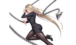 Rule 34 | 1girl, action taimanin, ass, blonde hair, breasts, chain, colored skin, crossed arms, elbow gloves, female focus, gloves, green eyes, large breasts, lilith-soft, long hair, looking at viewer, looking back, sano toshihide, shiny skin, simple background, skirt, solo, standing, taimanin (series), taimanin asagi, taimanin rpgx, tekkain kaworu (taimanin asagi battle arena), weapon, white background, white skin