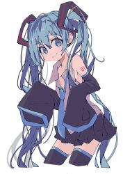 Rule 34 | 1girl, 3774., black skirt, black thighhighs, blue eyes, blue necktie, cowboy shot, cropped legs, detached sleeves, green eyes, green hair, grey shirt, hatsune miku, highres, long hair, long sleeves, looking at viewer, loose necktie, miniskirt, necktie, open clothes, open shirt, shirt, simple background, skirt, sleeves past fingers, sleeves past wrists, smile, solo, thighhighs, twintails, vocaloid, white background