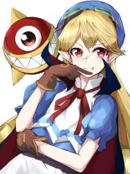 Rule 34 | 1girl, artist request, blonde hair, blue headwear, cape, closed mouth, curly hair, dress, fang, gloves, goggles, goggles on head, hat, long hair, marivel armitage, pointy ears, red eyes, ribbon, simple background, smile, white background, wild arms, wild arms 2