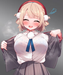 Rule 34 | 1girl, ^ ^, blue bra, blush, bra, bra visible through clothes, breasts, closed eyes, festa11307070, grey skirt, indie virtual youtuber, jacket, large breasts, light brown hair, open clothes, open jacket, open mouth, pleated skirt, shigure ui (vtuber), shirt, shirt tucked in, simple background, skirt, smile, solo, steaming body, striped clothes, striped skirt, underwear, undressing, vertical-striped clothes, vertical-striped skirt, virtual youtuber, white shirt