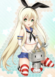 Rule 34 | 10s, 1girl, :3, blonde hair, detached sleeves, elbow gloves, full body, gloves, gradient background, green eyes, hair between eyes, hairband, honeycomb (pattern), honeycomb background, honeycomb pattern, kantai collection, legs, lifebuoy, lintanghaseo, long hair, looking at viewer, midriff, navel, rensouhou-chan, school uniform, serafuku, shimakaze (kancolle), skindentation, skirt, smile, solo, star (symbol), starry background, striped background, striped clothes, striped thighhighs, swim ring, tareme, thighhighs, turret, two-tone stripes, very long hair, white gloves, zettai ryouiki