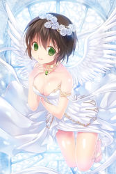 Rule 34 | 1girl, breasts, brown hair, dress, flower, green eyes, jewelry, lowres, necklace, open mouth, reum, short hair, sword girls, wings