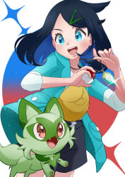 Rule 34 | 1girl, :d, absurdres, black hair, black shorts, blush, coat, commentary request, creatures (company), game freak, gem, green coat, green gemstone, hair ornament, hairclip, hands up, happy, highres, holding, holding poke ball, jewelry, liko (pokemon), necklace, nintendo, open clothes, open coat, open mouth, poke ball, poke ball (basic), pokemon, pokemon (anime), pokemon (creature), pokemon horizons, refisa, shirt, shorts, sleeves past elbows, smile, sprigatito, teeth, tongue, upper teeth only, white shirt, yellow bag
