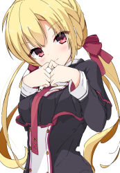 Rule 34 | 1girl, arihara nanami, black capelet, black shirt, blonde hair, blush, bow, braid, capelet, closed mouth, commentary request, eyes visible through hair, from below, hair between eyes, hair bow, hair ribbon, hands up, head tilt, long hair, looking at viewer, looking down, low twintails, necktie, no gloves, no headwear, okaeru, own hands together, red bow, red eyes, red necktie, red ribbon, ribbon, riddle joker, shirt, side braid, simple background, smile, solo, split mouth, tsurime, twintails, upper body, very long hair, white background