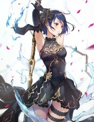 Rule 34 | 1girl, alice (sinoalice), armpits, arms behind head, arms up, black dress, black gloves, black hair, blue flag, blue hair, bow, dress, elbow gloves, gem, gloves, gold trim, hair bow, hair ornament, highres, holding, holding weapon, jewelry, killy doodle, looking to the side, medium hair, multicolored hair, petals, red eyes, sinoalice, solo, strapless, strapless dress, streaked hair, thigh strap, thighs, two-tone hair, watercraft, weapon