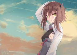 Rule 34 | 1girl, arm up, blush, breasts, brown hair, cloud, day, green eyes, hair between eyes, headband, headgear, highres, hizaka, kantai collection, long sleeves, short hair, signature, sky, small breasts, smile, solo, taihou (kancolle), twitter username, upper body