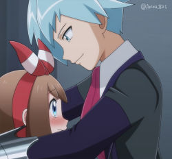 Rule 34 | 1boy, 1girl, age difference, akika 821, artist name, blue eyes, blue hair, blush, bow hairband, brown hair, closed mouth, collared shirt, commentary request, creatures (company), eyelashes, game freak, hairband, height difference, hetero, jacket, kabedon, looking at another, may (pokemon), necktie, nintendo, pokemon, pokemon oras, red hairband, shirt, smile, steven stone, white shirt