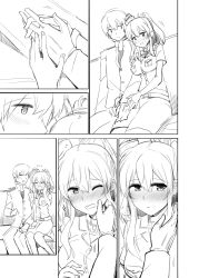 Rule 34 | 1boy, 1girl, admiral (kancolle), blush, breasts, comic, dress, drunk, embarrassed, greyscale, hair ornament, holding hands, hat, hetero, highres, kantai collection, large breasts, long hair, long sleeves, military, military hat, military uniform, monochrome, naval uniform, neckerchief, one eye closed, peaked cap, rui shi (rayze ray), saratoga (kancolle), short sleeves, side ponytail, silent comic, sitting, uniform