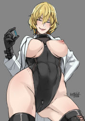 Rule 34 | 1girl, black gloves, black thighhighs, blonde hair, blue eyes, breast cutout, breasts, breasts out, butcha-u, crotch zipper, dated, earrings, eyeshadow, female focus, gloves, gluteal fold, green eyes, grey background, grin, groin, hair between eyes, half-closed eyes, highres, ichijou shizuka, jewelry, jutaijima, lab coat, large breasts, leotard, lips, lipstick, looking at viewer, makeup, mole, mole under mouth, nipples, parted lips, short hair, signature, simple background, smile, solo, thighhighs, zipper