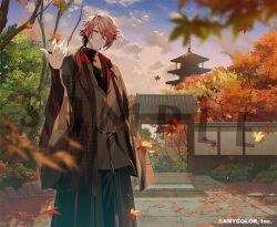 Rule 34 | 1boy, architecture, autumn leaves, black hakama, black shirt, black undershirt, blonde hair, blurry, brown jacket, cloud, copyright notice, cowboy shot, crossed bangs, depth of field, dusk, east asian architecture, falling leaves, gate, grey shirt, hair between eyes, hakama, hand up, haori, hinatsu, jacket, japanese clothes, jewelry, leaf, long hair, looking at viewer, low ponytail, male focus, maple leaf, multicolored hair, necklace, nijisanji, official art, pagoda, partially unbuttoned, pavement, red eyes, red hair, ring, sample watermark, seraph dazzlegarden, shirt, smile, solo, standing, streaked hair, tree, turtleneck, undershirt, virtual youtuber, watermark