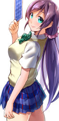 Rule 34 | 1girl, aqua eyes, chikugen shiina, long hair, looking at viewer, looking back, love live!, love live! school idol project, low twintails, pleated skirt, purple hair, school uniform, scrunchie, short sleeves, simple background, skirt, smile, solo, sweater vest, tarot, tojo nozomi, twintails, very long hair, white background