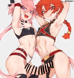 Rule 34 | 2boys, alexander (fate), armpits, arms up, astolfo (fate), bar censor, belt, black legwear, braid, braided ponytail, breath, bulge, censored, covered erect nipples, covered penis, crop top, crossdressing, fate/apocrypha, fate/grand order, fate (series), hair between eyes, jtveemo, large penis, licking lips, looking at viewer, male focus, midriff, multicolored hair, multiple boys, navel, pelvic curtain, penis, penis size difference, penises touching, pink hair, presenting armpit, purple eyes, red belt, red eyes, red hair, single braid, skirt, small penis, smile, spread armpit, stomach, streaked hair, thighhighs, toned, toned male, tongue, tongue out, trap, trap on trap, twitter username, yaoi