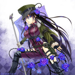 Rule 34 | 1girl, black hair, blue eyes, blue rose, boots, copyright name, flag, flower, hat, himekiss, jacket, knee boots, long hair, rose, solo, thorns, zaza (x-can01), zipper