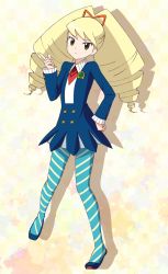 Rule 34 | 1girl, big hair, blonde hair, blue pantyhose, closed mouth, drill hair, full body, kazuma (theworld000021), long hair, looking at viewer, luna platz (mega man), mega man (series), mega man star force, pantyhose, simple background, skirt, solo, striped, twin drills, twintails, white background