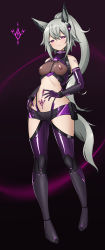 Rule 34 | 1girl, absurdres, alternate costume, alternate eye color, animal ear fluff, arknights, arm guards, bare shoulders, black footwear, black hair, black shorts, blush, boots, breasts, bright pupils, brown gloves, budesonide, closed mouth, corruption, crop top, dark persona, full body, gloves, gluteal fold, grani (arknights), grey hair, highres, knee boots, looking at viewer, medium breasts, multicolored hair, navel piercing, nipples, piercing, pointy ears, ponytail, purple eyes, purple gloves, purple shorts, purple thighhighs, see-through, short shorts, shorts, shoulder tattoo, sleeveless, smile, solo, stomach, streaked hair, tattoo, thighhighs, two-tone gloves, two-tone hair