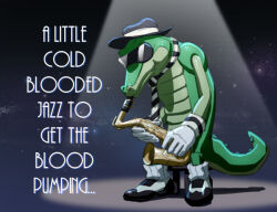 Rule 34 | 1boy, black headwear, colored skin, commentary, crocodilian tail, english commentary, english text, gloves, green skin, instrument, joeadok, male focus, music, necktie, playing instrument, saxophone, sitting, sonic (series), sonic the hedgehog (classic), spotlight, sunglasses, tail, vector the crocodile, white gloves